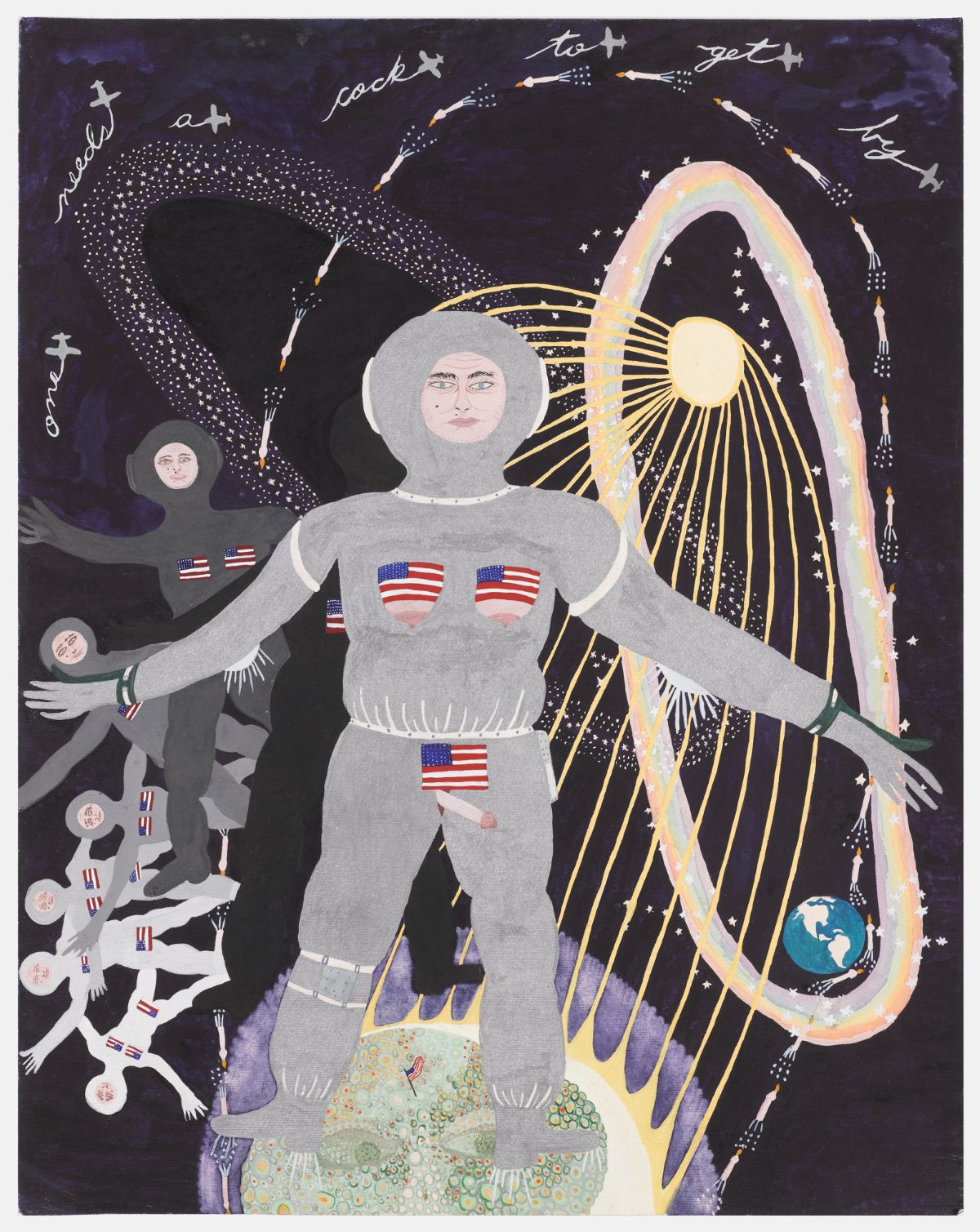 Illustration of a female astronaut in a gray suit with U.S. flags, floating in space. She is surrounded by smaller figures, rocket ships, and cosmic elements. A golden arc and Earth enhance this surreal, celestial scene.