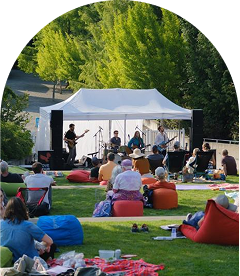 People sit on the grass and colorful bean bags at an outdoor concert in a park. A band performs on a stage covered by a white tent, surrounded by trees and greenery under a clear sky.