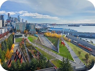 Aerial view of Seattle's waterfront featuring the modern sculptures, pathways, and autumn trees of the Olympic Sculpture Park. Skyscrapers and industrial buildings line the background, with a harbor and ships visible under a partly cloudy sky.